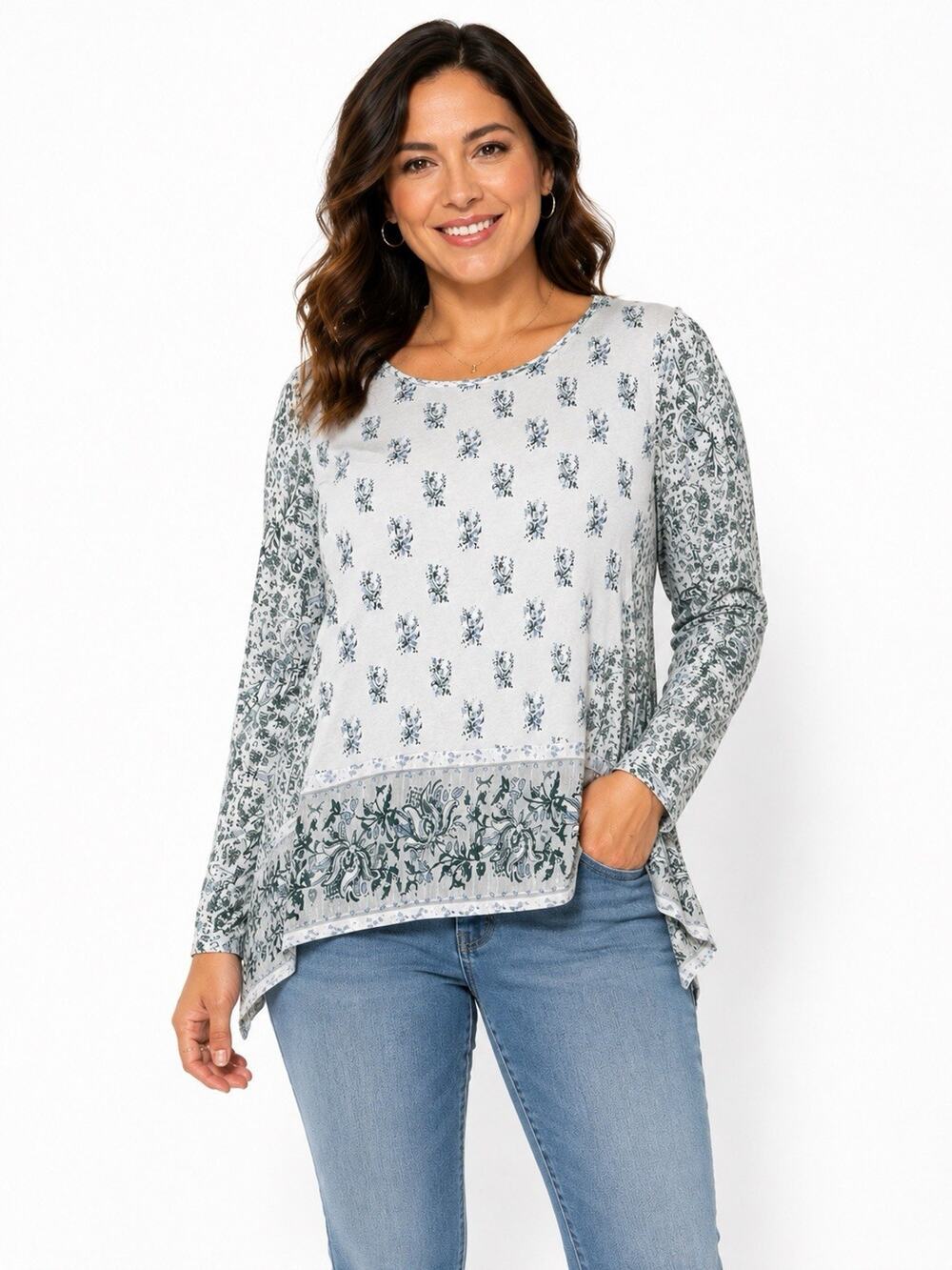 Lucky Brand Floral Mixed Print Tunic Top Large Green Long Sleeve Boho High Low